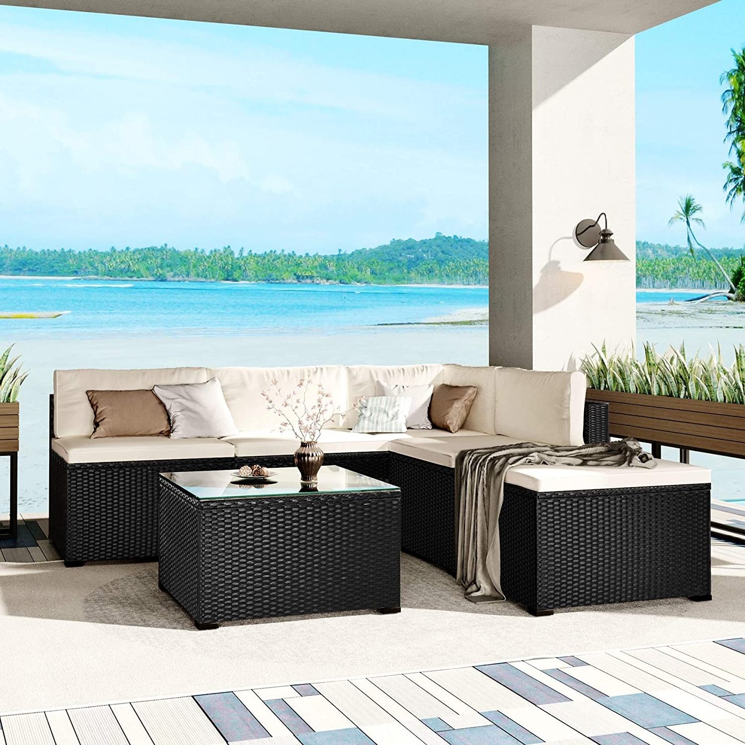 6-piece rattan furniture set, outdoor garden backyard sectional sofa, with glass table and removable cushion