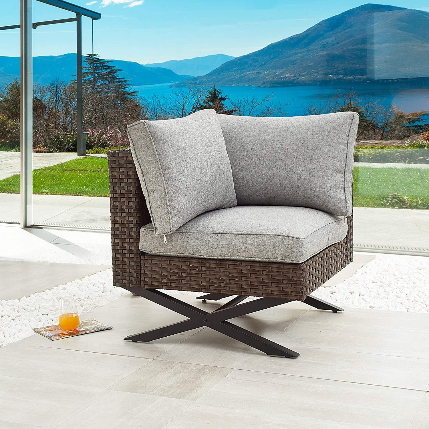 Vine corner sofa, X-leg outdoor furniture, terrace, left armchair with cushion,