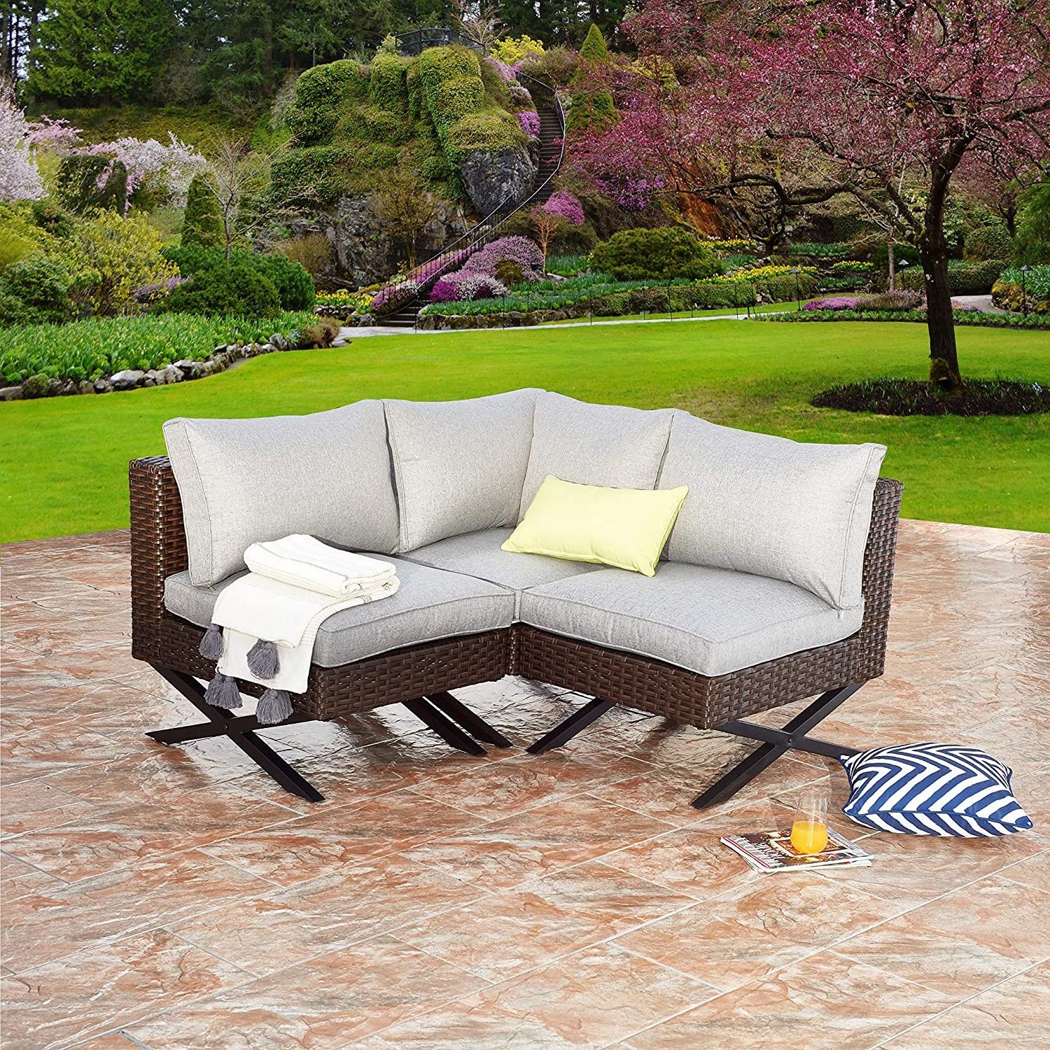 Vine corner sofa, X-leg outdoor furniture, terrace, left armchair with cushion,