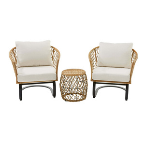 3-Piece Outdoor Wicker Chat Set With Cream Cushions 2 C-Spring Chairs And A  Side Table