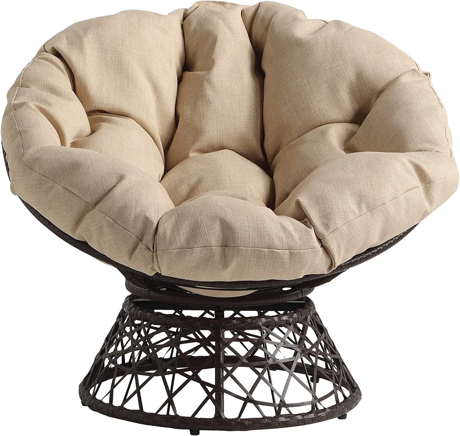 Home Furnishings Wicker Papasan Chair with 360-Degree Swivel, Brown Frame with Cream Cushion