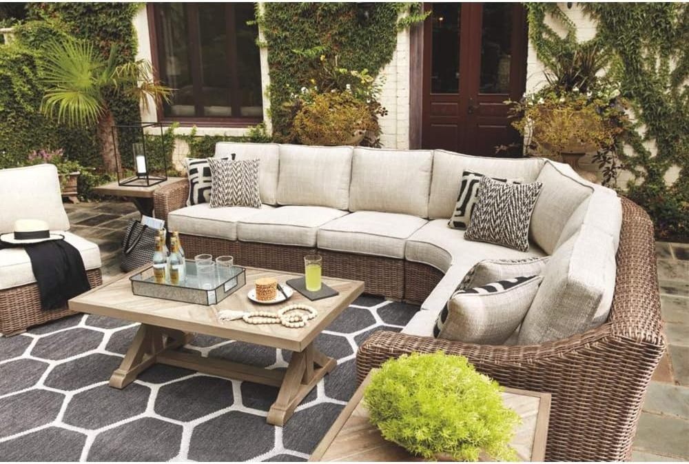 Outdoor Garden Leisure Steel PE Wicker Rattan Left & Right Arm Facing Patio Loveseats Brown & Beige