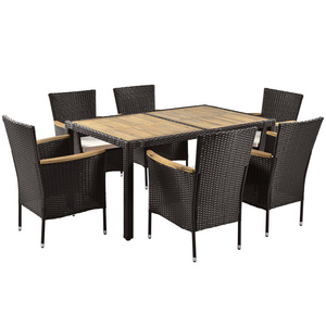 7 Piece Outdoor Dining Set All Weather PE Wicker Dining Table Set Patio Furniture Set With Rectangular Wood Table And 6 Chairs