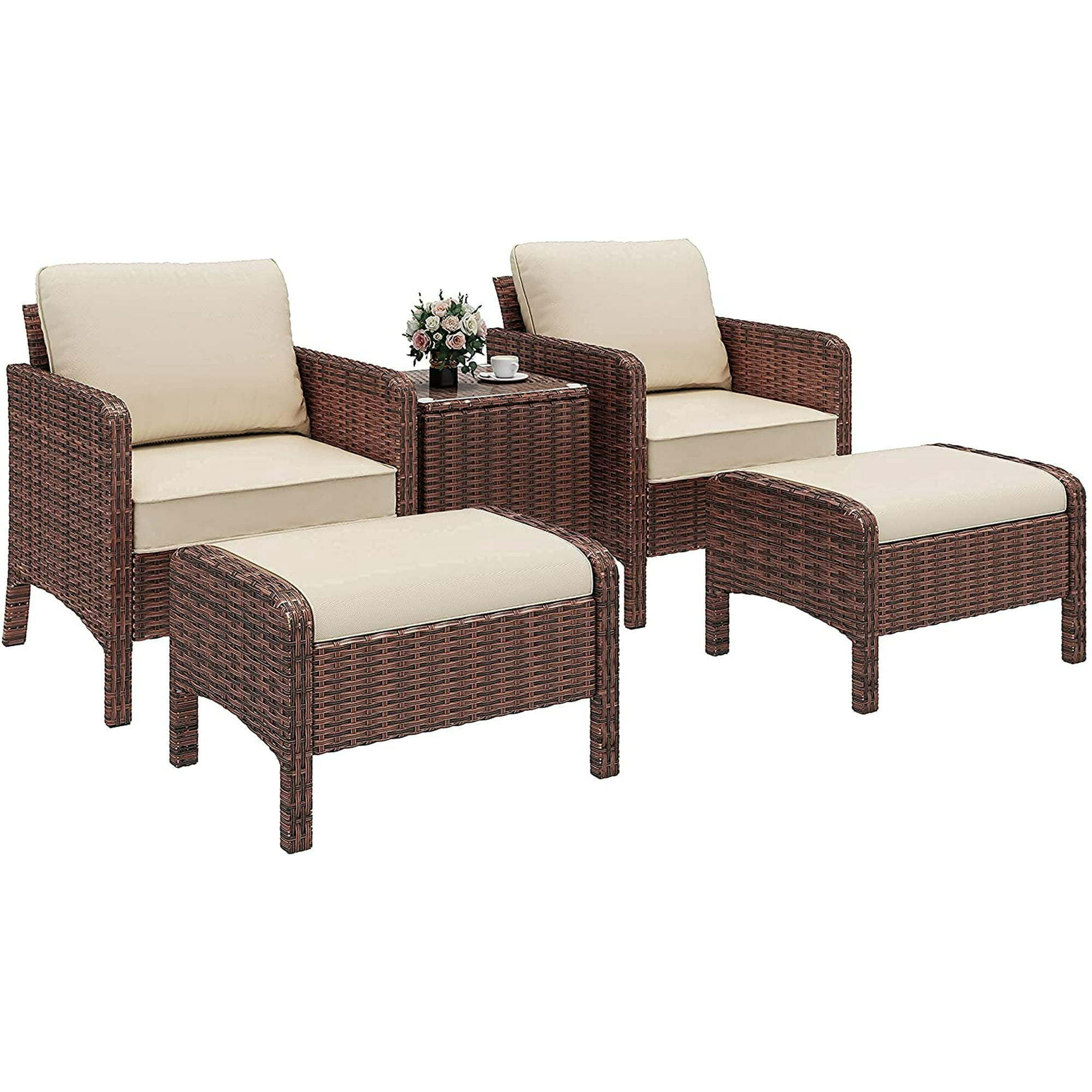 5-pieces Patio Furniture Set Outdoor PE Rattan Chair With Ottomans Coffee Table Cushions