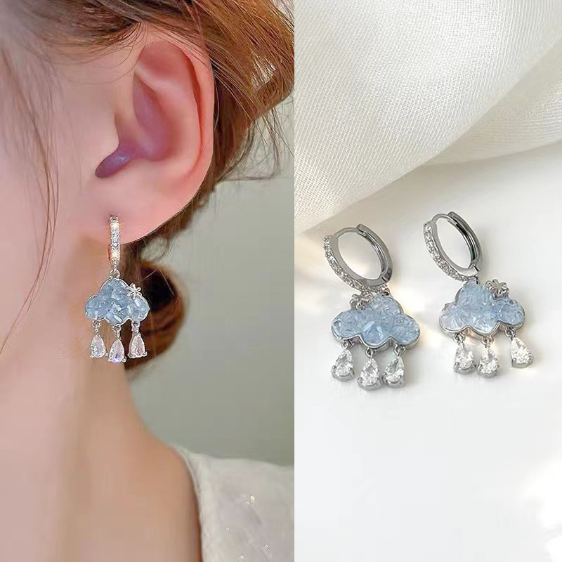 In Stock Cute Cloud Raindrop Earrings for Women Blue Crystal Rain Zircon Waterdrop Earring Party Wedding Jewelry Gifts