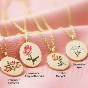 New Arrival Stainless Steel 18K Gold Oval Vintage Twelve Month Flower Necklace Jewelry Colorful Birth Flower Necklaces For Women