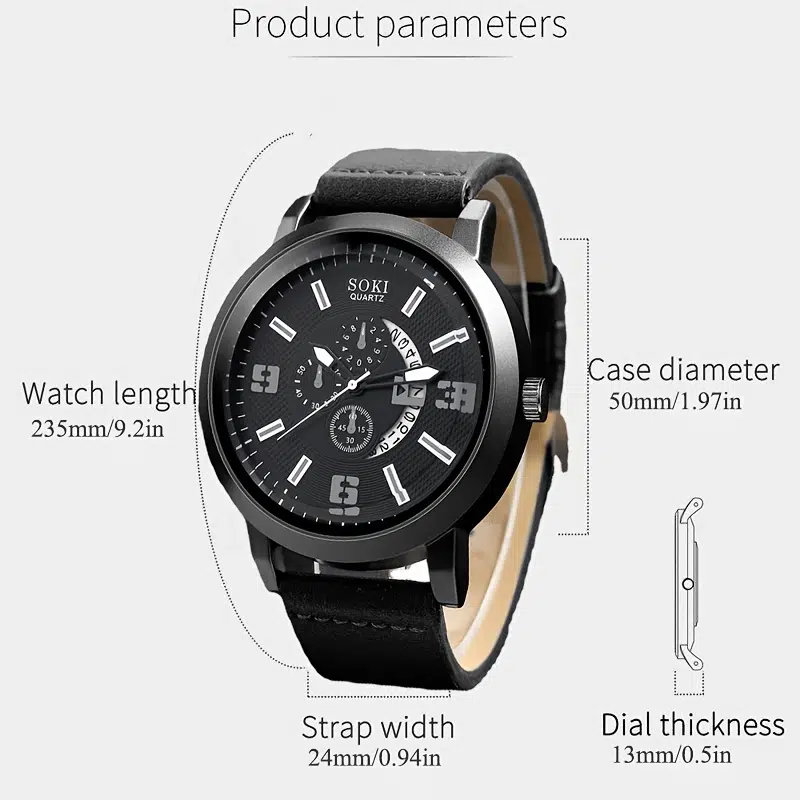 4 pcs/Set Casual Leather Strap Number Date Quartz Wristwatch Man Simple Sport Style Male Clock Fashion Watch For men