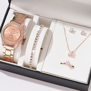 6PCS Set Luxury Watch Women Ring Necklace Earrings Rhinestone Fashion Wristwatch Female Casual Watches Bracelet Gift Box Set