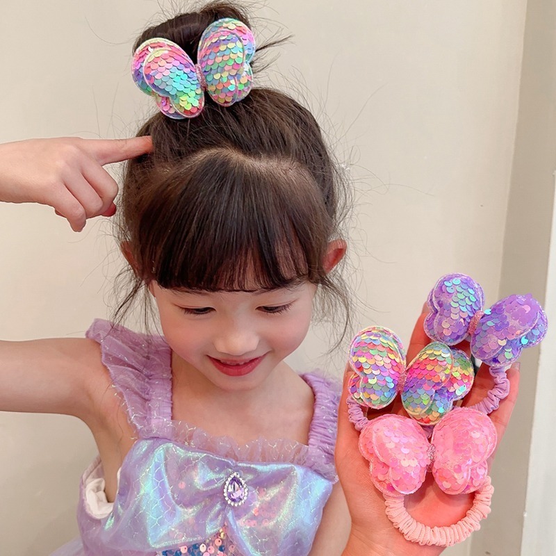 Korean Children Hair Accessories Sequin Sweet Rope Butterfly Bows Headband Baby Hair Band Female High Stretch Hair Cord