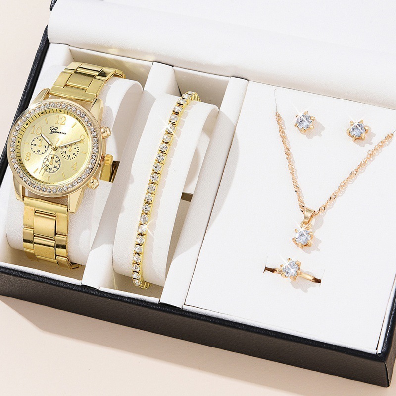 6PCS Set Luxury Watch Women Ring Necklace Earrings Rhinestone Fashion Wristwatch Female Casual Watches Bracelet Gift Box Set