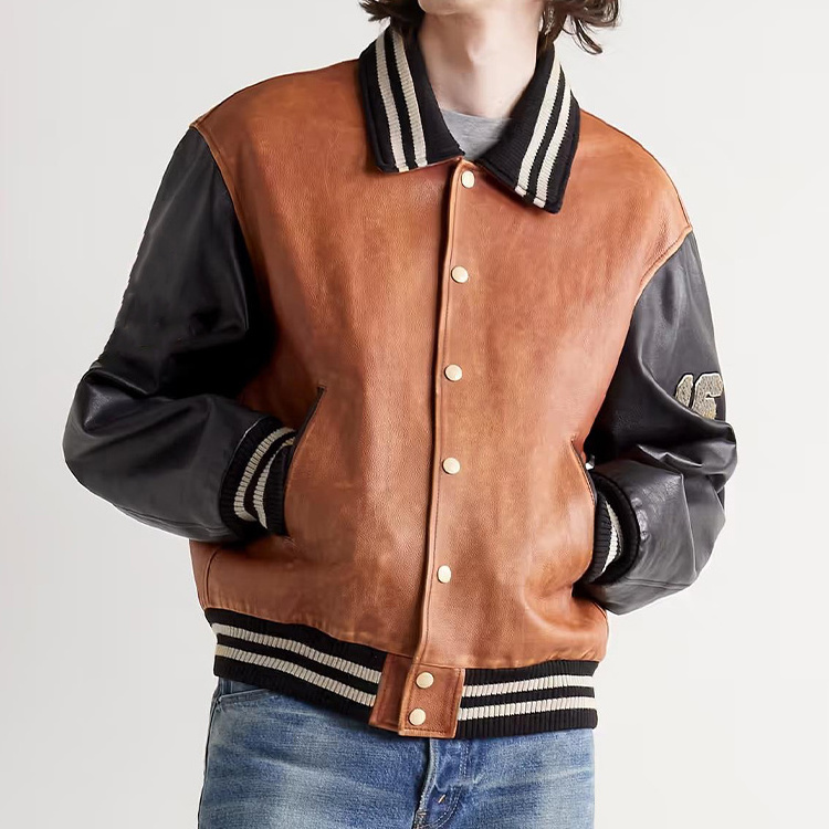 YIZHE Oversized Applique Men's Leather Varsity Jacket Bomber Jacket With Embroidery Men