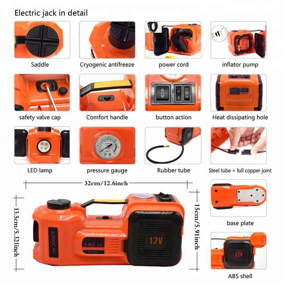 Car Lifting Jack 12V DC 3 Ton Electric Hydraulic Floor Lift Jack Tire Inflator Pump Repair Tool Kit