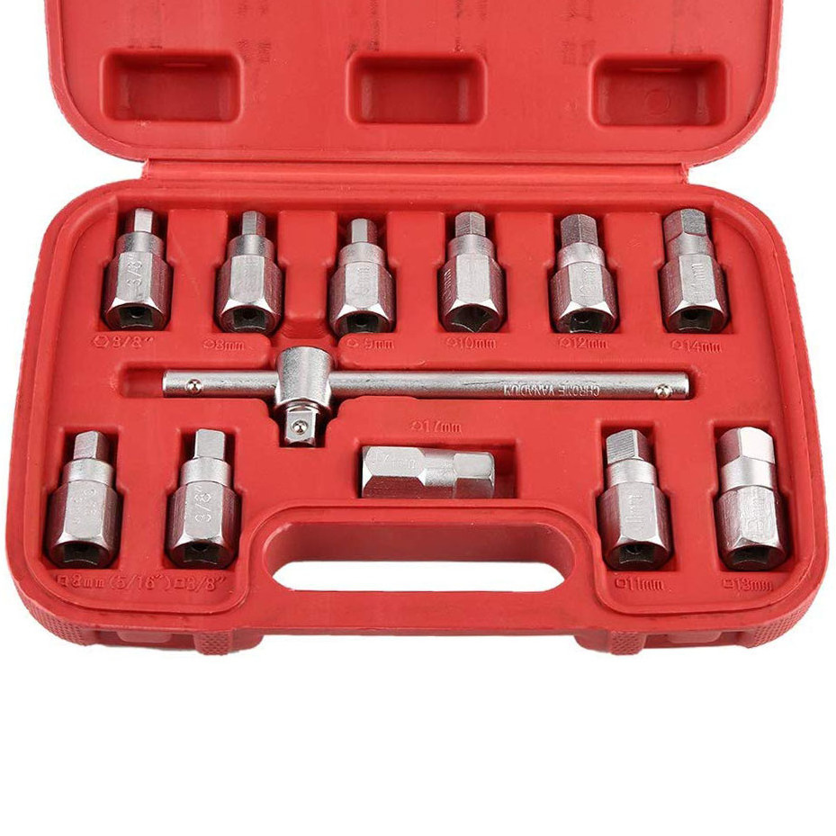 Oil Drain Pipe Plug Socket Set Screws Removal Tool 12 PCS Triangle Square Hexagon T-bar Remover Sleeve Special Tools