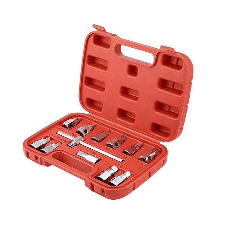 Sump Spanner Oil Removal Tool,12Pcs 3/8inch Drive Oil Drain Plug Key Square Hex Socket Set