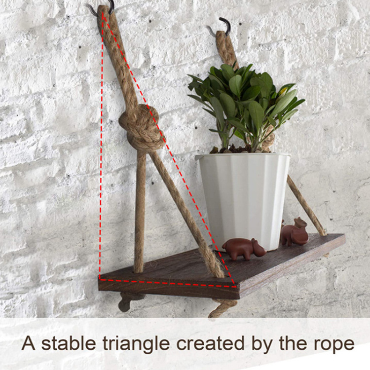 Rustic Wood Wall Decor Swing Shelf Rope Hanging Wood Floating Shelves with 4 Hooks