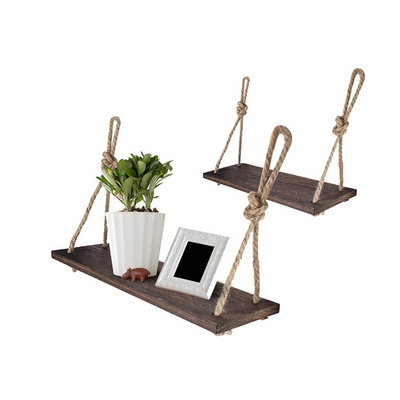 Rustic Wood Wall Decor Swing Shelf Rope Hanging Wood Floating Shelves with 4 Hooks