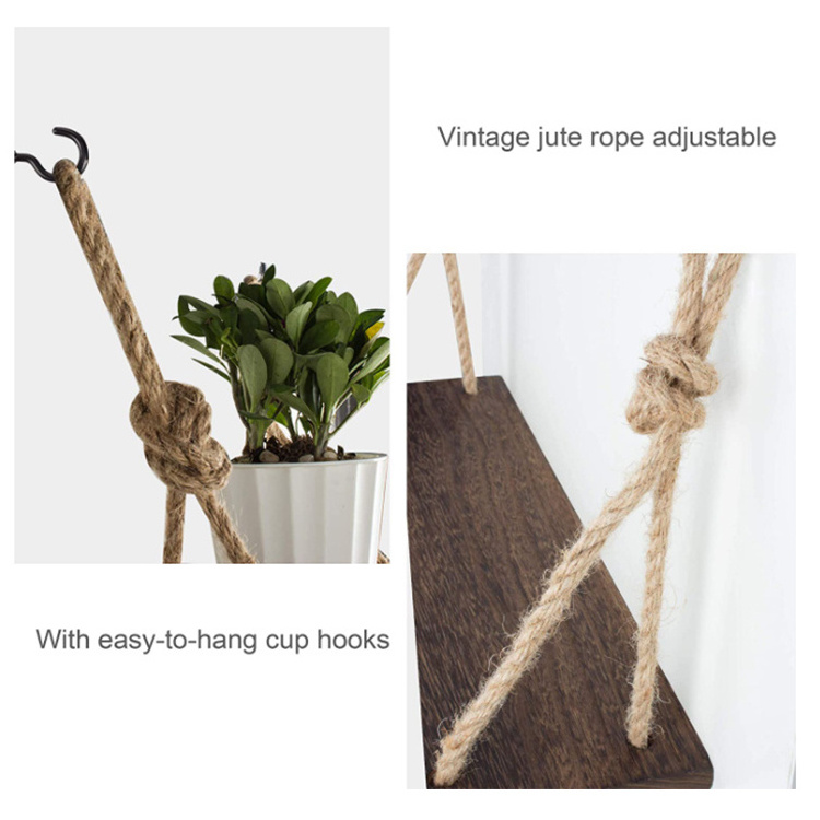 Rustic Wood Wall Decor Swing Shelf Rope Hanging Wood Floating Shelves with 4 Hooks