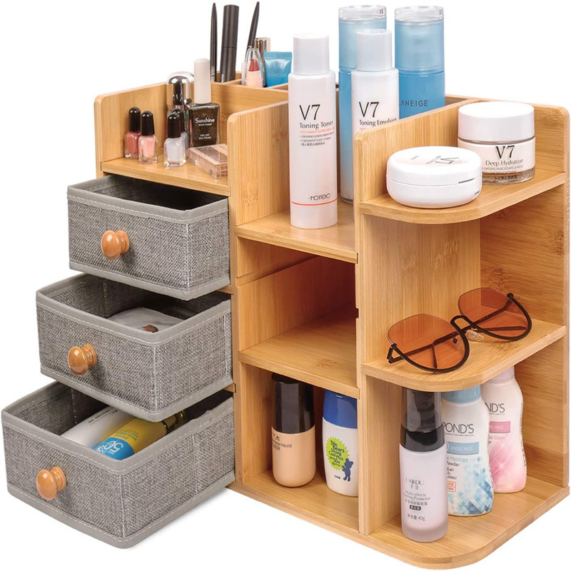 Multi-Function Wood Cosmetic Large Capacity Make up Caddy Shelf Cosmetics Organizer Box Bamboo Makeup Cosmetic Storage Organizer