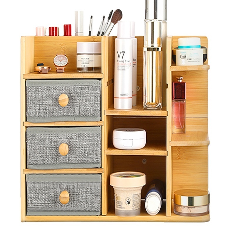 Multi-Function Wood Cosmetic Large Capacity Make up Caddy Shelf Cosmetics Organizer Box Bamboo Makeup Cosmetic Storage Organizer