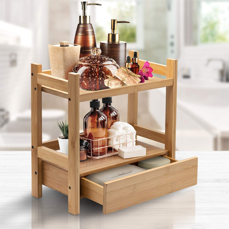 Display Stand Shelf Multi-Purpose Storage for Skincare, Toiletries, Desktop 2 Tier Bamboo Countertop Shelf with Hidden Drawer