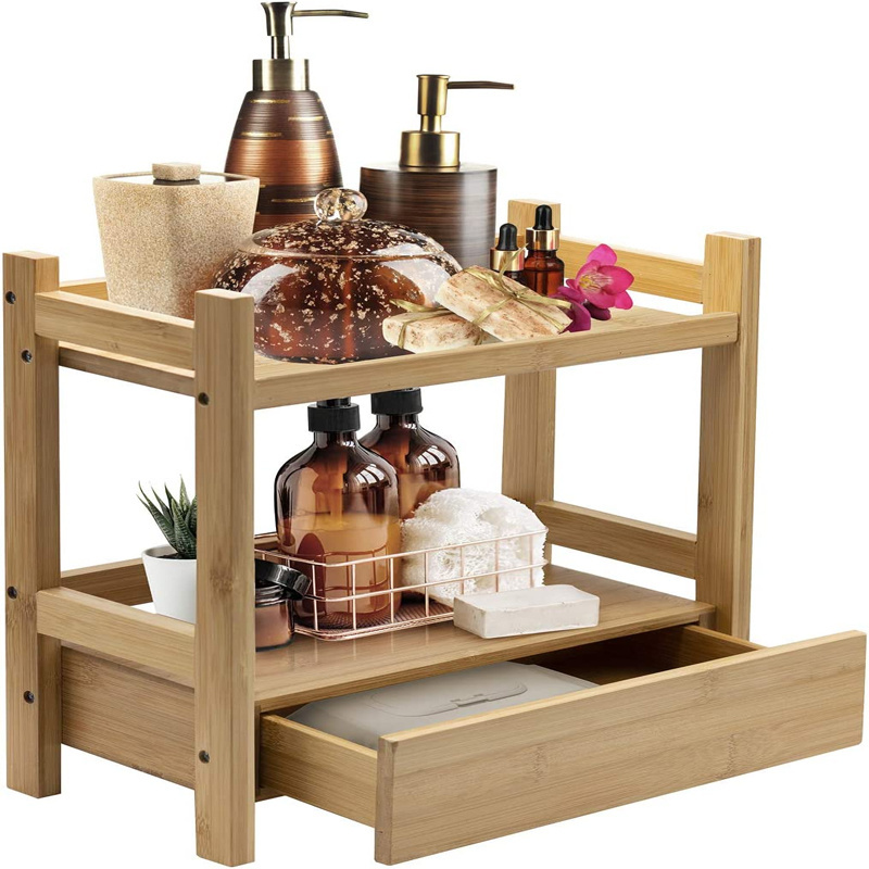 Display Stand Shelf Multi-Purpose Storage for Skincare, Toiletries, Desktop 2 Tier Bamboo Countertop Shelf with Hidden Drawer