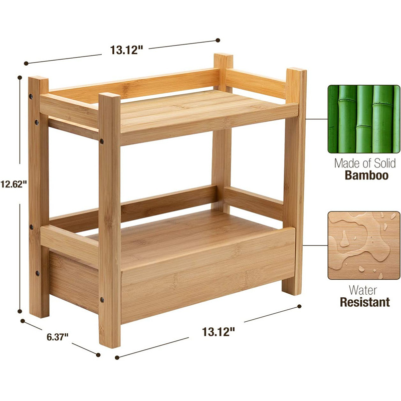 Display Stand Shelf Multi-Purpose Storage for Skincare, Toiletries, Desktop 2 Tier Bamboo Countertop Shelf with Hidden Drawer