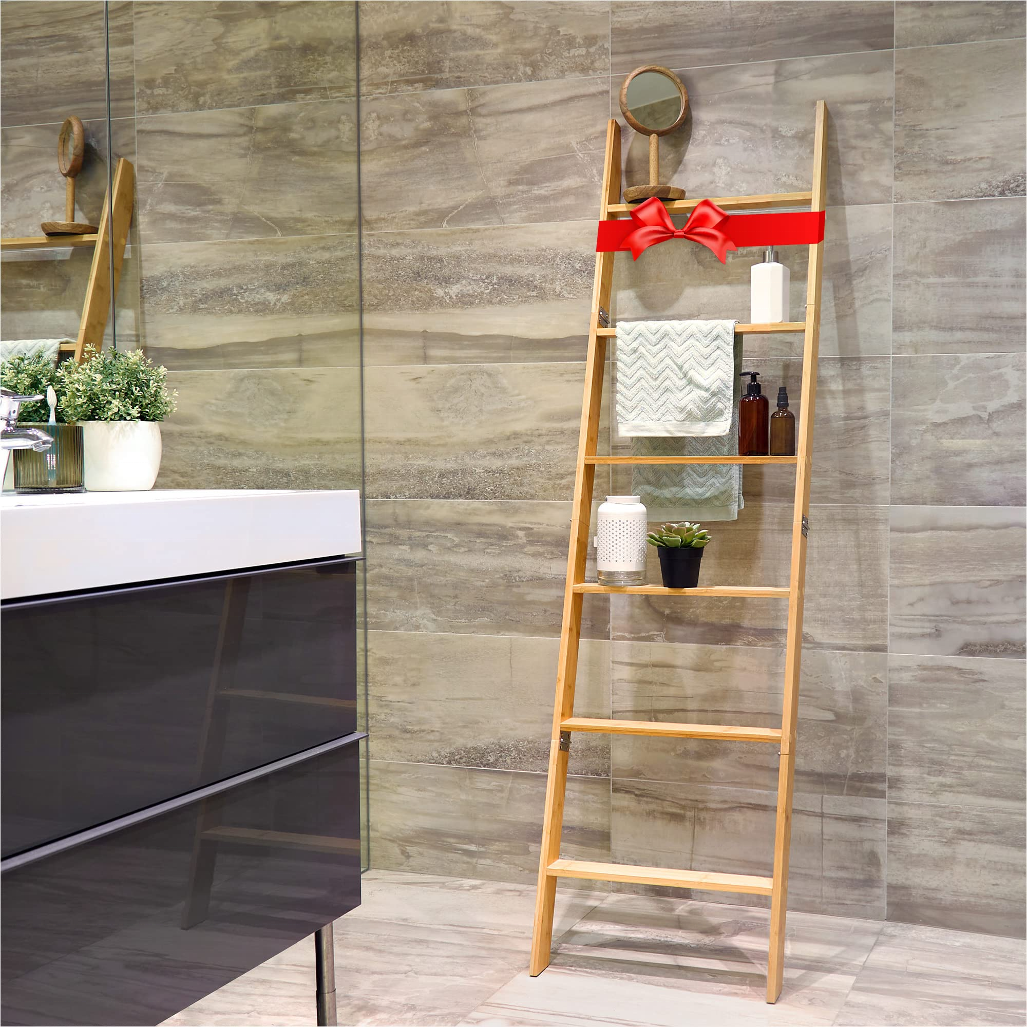 Blanket Ladder for The Living Room - 5.6 Ft. Blanket Holder for Decor, Wooden Blanket Rack for Your Bathroom - Bamboo Sturdy Dec