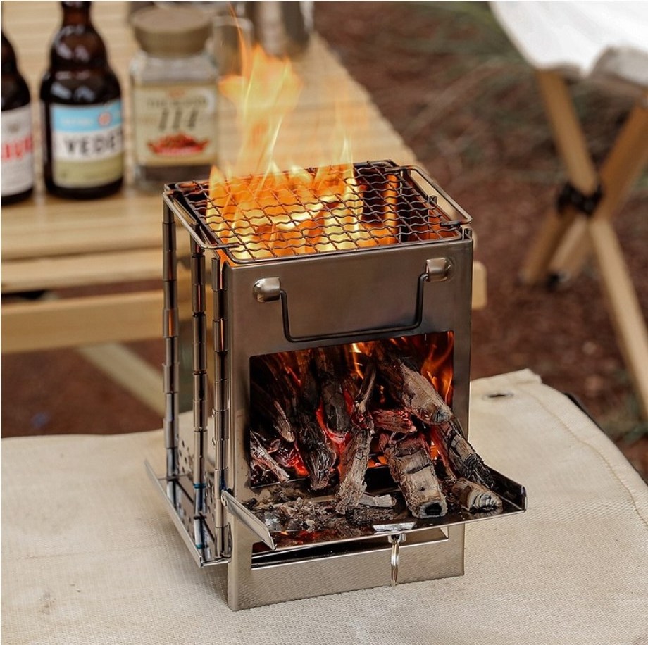 YIZHI Outdoor Portable Wood Stove Camping Mini Folding Burning Stove Stainless Steel BBQ Simple Wood Stove Barbecue Grill