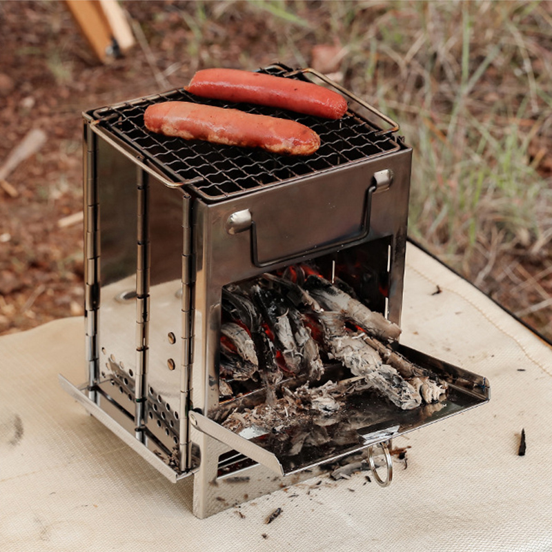 YIZHI Outdoor Portable Wood Stove Camping Mini Folding Burning Stove Stainless Steel BBQ Simple Wood Stove Barbecue Grill