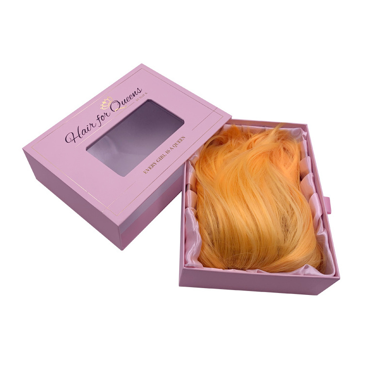 Custom luxury pink hair extensions wigs packaging boxes slide drawer hair bundle packaging box with satin wig bag for bundles