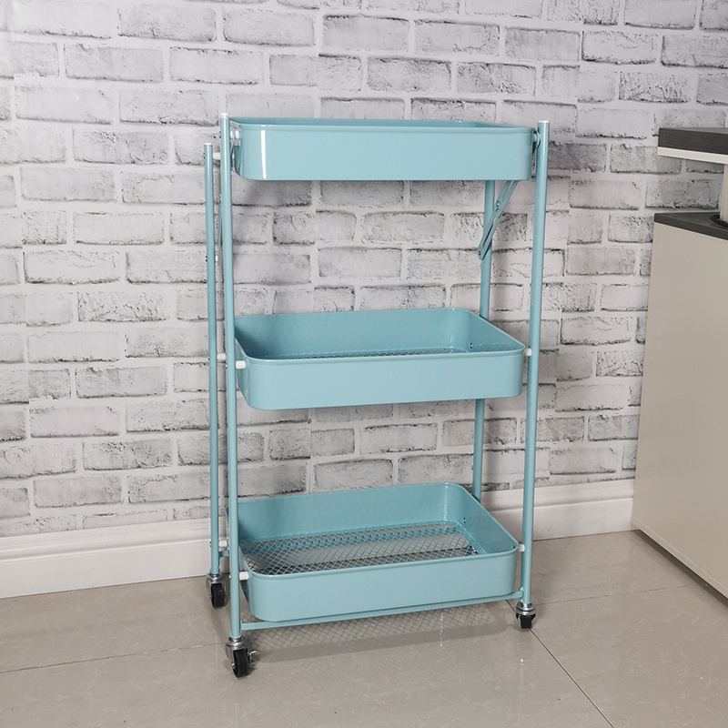 Three-layer metal shelving for home, kitchen, bathroom, debris storage, portable, foldable trolley