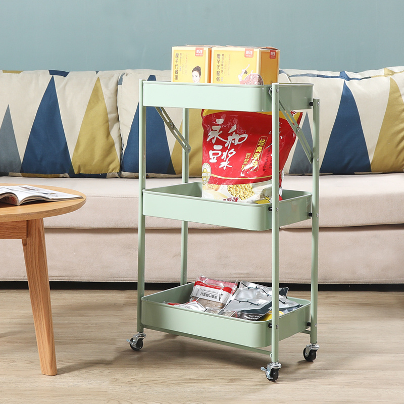 Three-layer metal shelving for home, kitchen, bathroom, debris storage, portable, foldable trolley