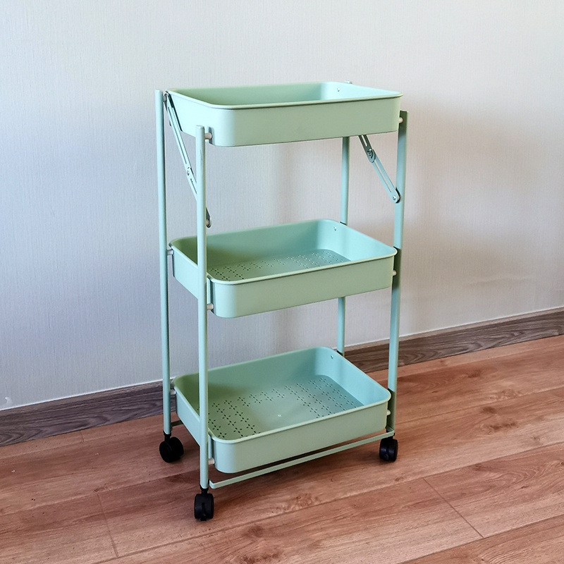 Three-layer metal shelving for home, kitchen, bathroom, debris storage, portable, foldable trolley