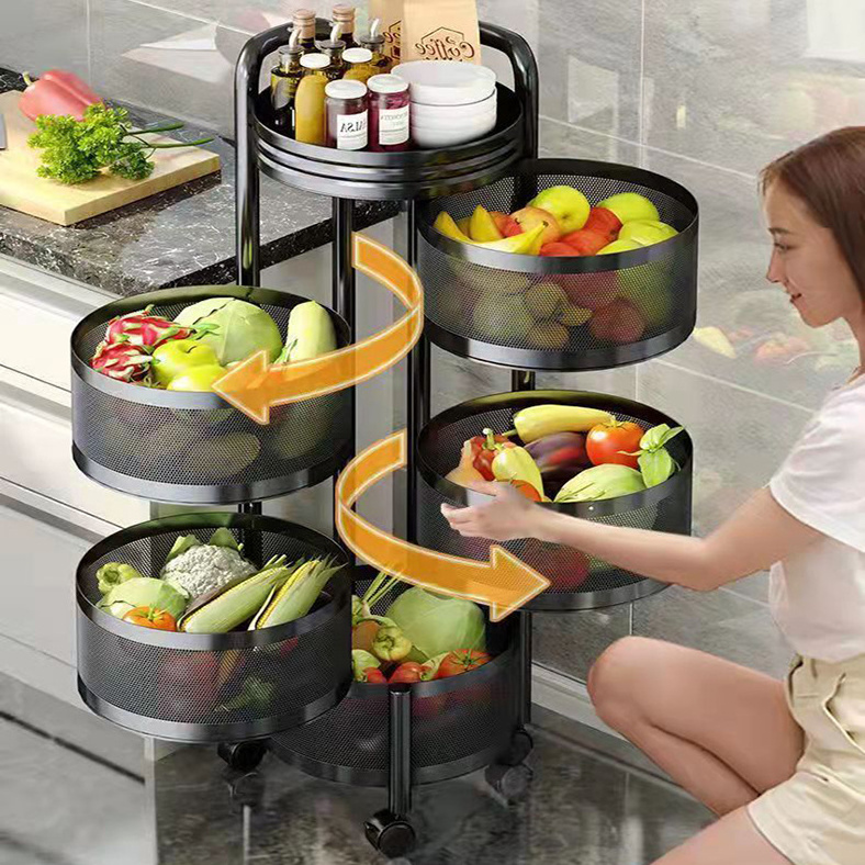 Kitchen Rotating Shelf 360 Degree Baskets Fruit Vegetable Storage Rack Floor Round Household Multi-function Shelf With Wheels