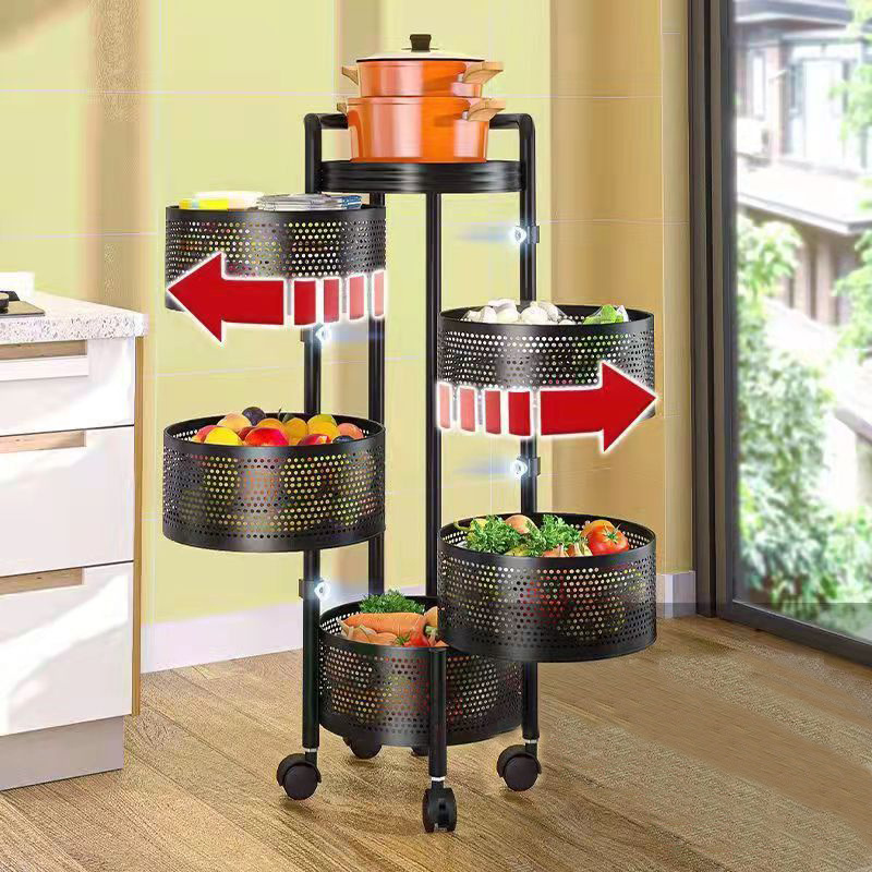 Kitchen Rotating Shelf 360 Degree Baskets Fruit Vegetable Storage Rack Floor Round Household Multi-function Shelf With Wheels