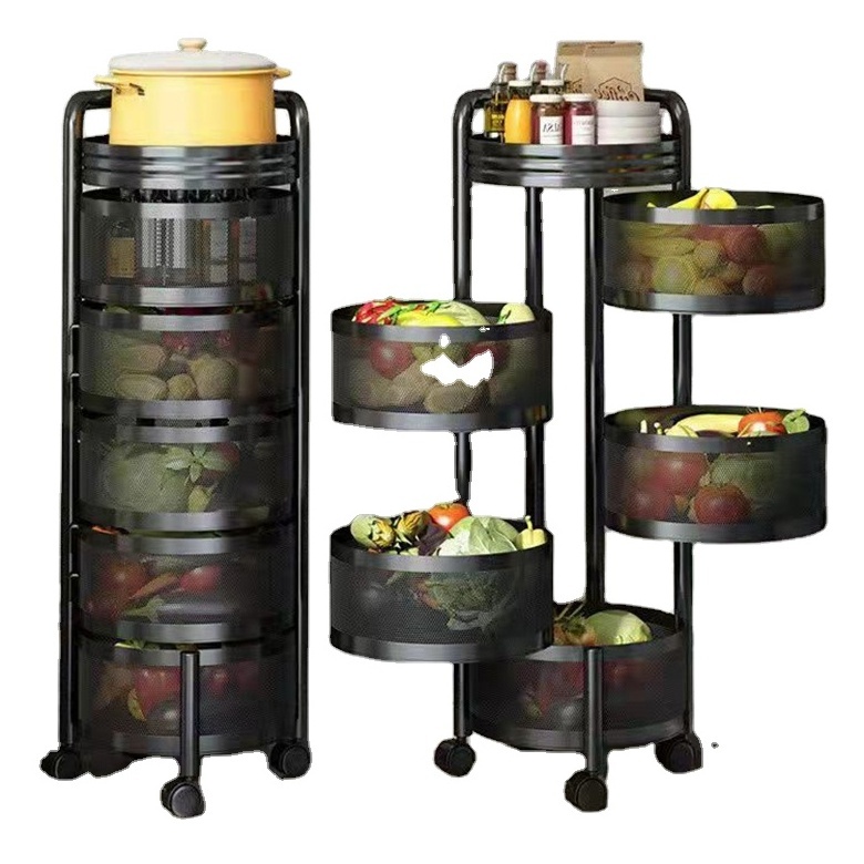 Kitchen Rotating Shelf 360 Degree Baskets Fruit Vegetable Storage Rack Floor Round Household Multi-function Shelf With Wheels