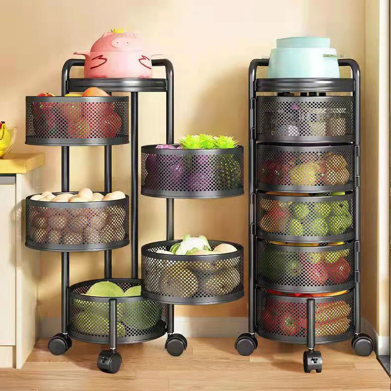 Kitchen Rotating Shelf 360 Degree Baskets Fruit Vegetable Storage Rack Floor Round Household Multi-function Shelf With Wheels