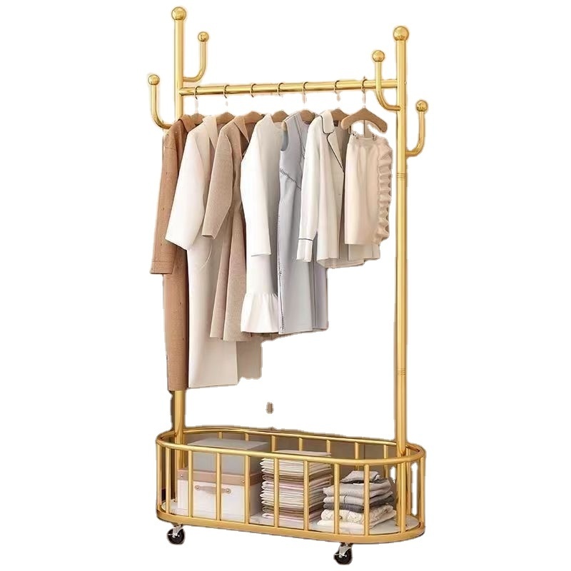 Small multifunctional home hanger with large storage basket, large capacity metal hanger, clothing display rack