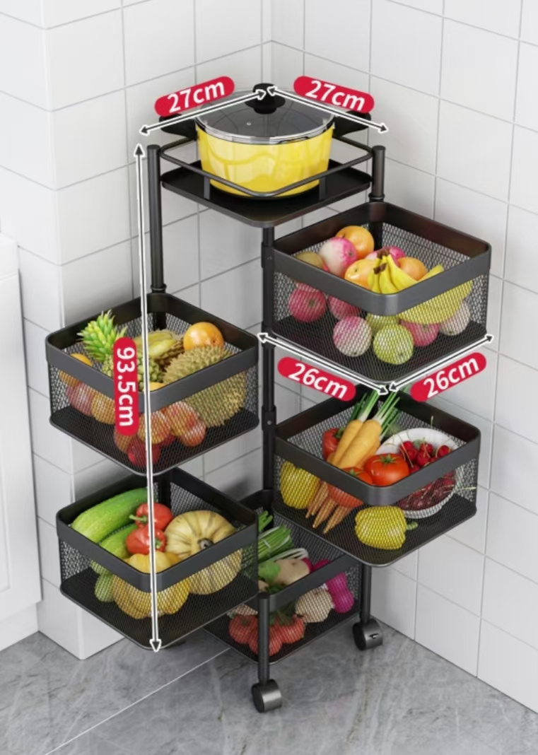 Kitchen storage rotatable shelf 5 Layer Rotating Practical Trolley Kitchen Square Shelf With Wheel Storage Rack