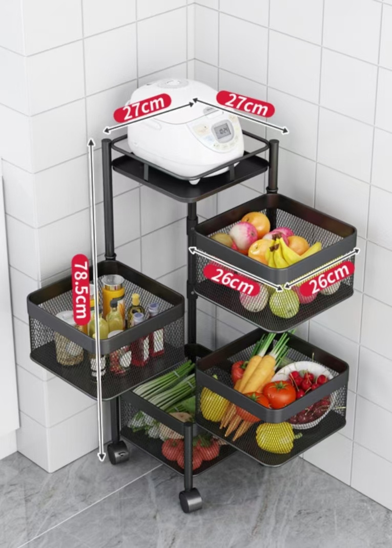 Kitchen storage rotatable shelf 5 Layer Rotating Practical Trolley Kitchen Square Shelf With Wheel Storage Rack