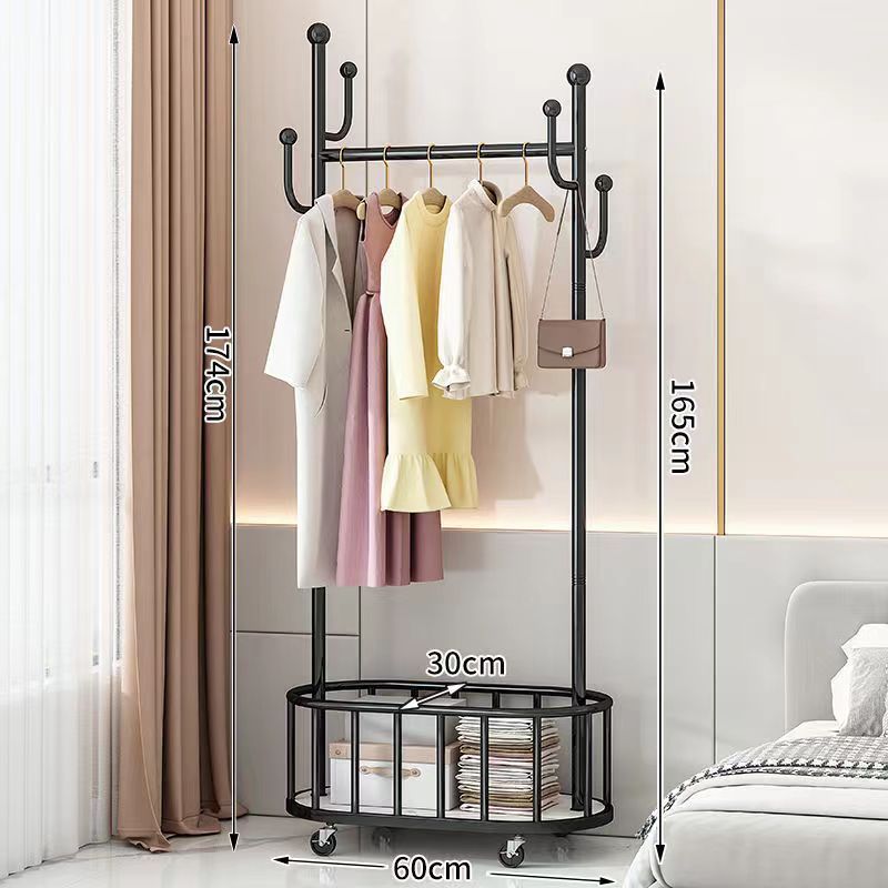 Small multifunctional home hanger with large storage basket, large capacity metal hanger, clothing display rack