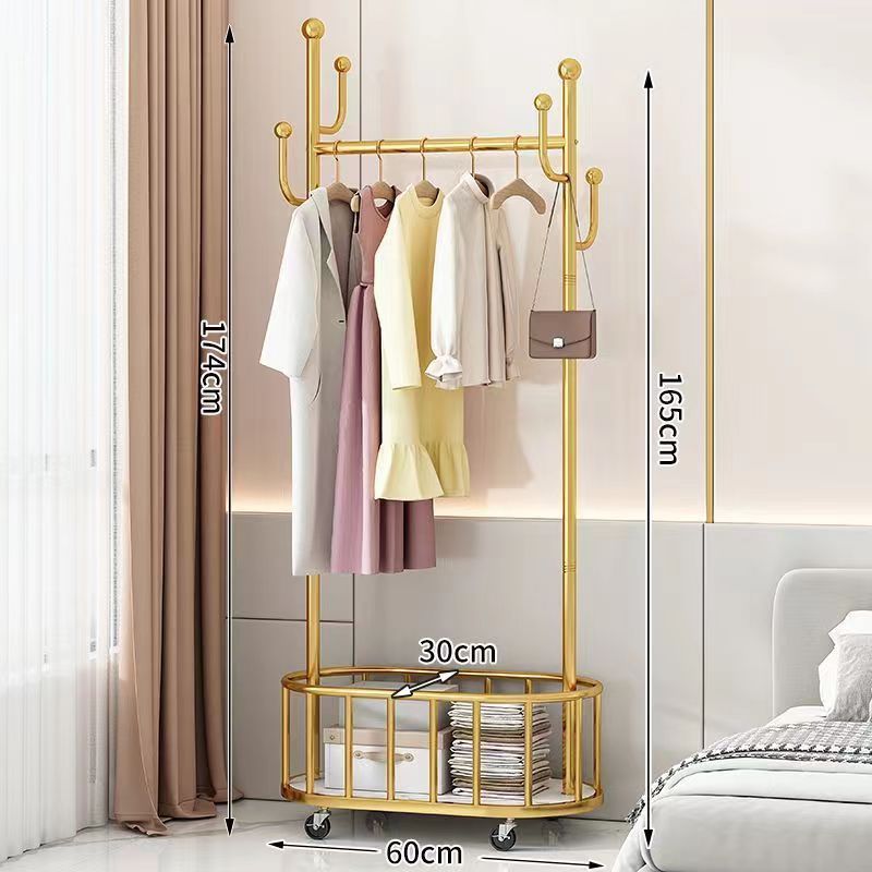 Small multifunctional home hanger with large storage basket, large capacity metal hanger, clothing display rack