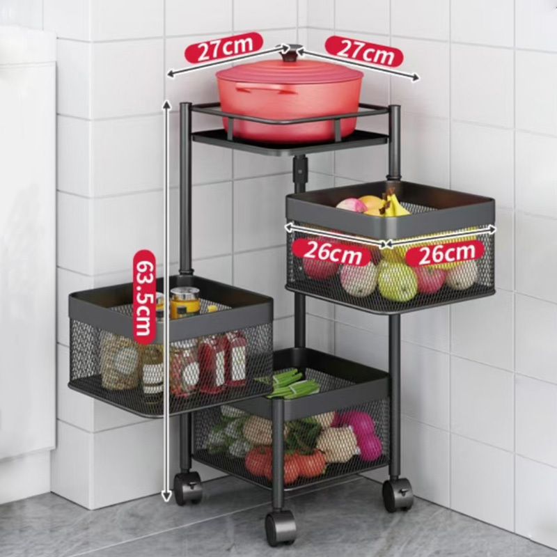 Kitchen storage rotatable shelf 5 Layer Rotating Practical Trolley Kitchen Square Shelf With Wheel Storage Rack