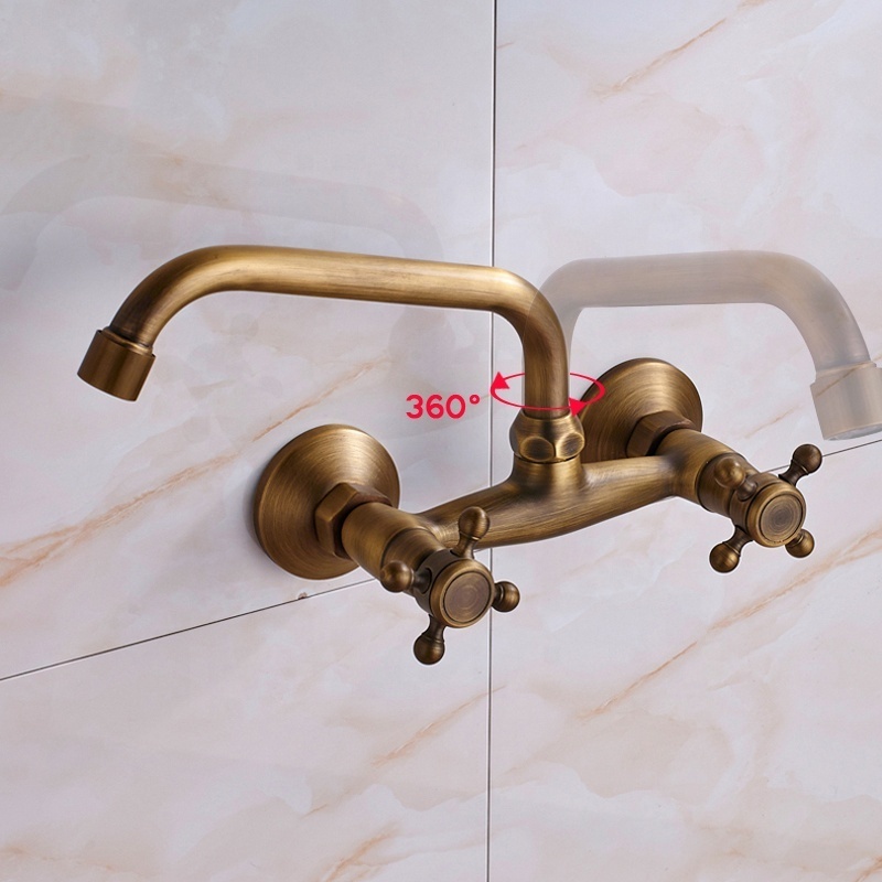 Wall Mounted Bathroom Kitchen Faucet Dual Handle Brass Antique Hot and Cold Water Tap 360 Swivel Long Spout Kitchen Mixer Tap