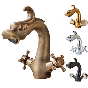 Dragon Carved Basin Faucet Antique Bronze Bathroom Vessel Sink Faucet Dual Handle Bathroom Mixer Tap Animal Shape tap