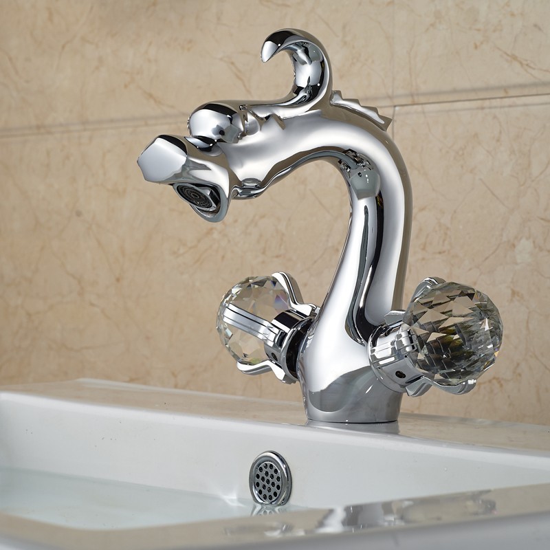 Chinese Dragon Style Washroom Faucets Dual Handle Single Hole Deck Mounted  Bathroom  Hot Cold Mixer Tap Brass Basin faucet