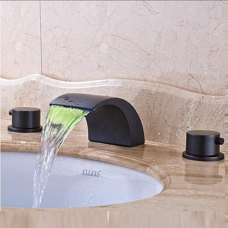 LED Color Changing Spout Waterfall Basin Faucet Widespread Dual Handle Bathroom Basin Sink Mixers Brass Hot Cold Vanity Sink Tap