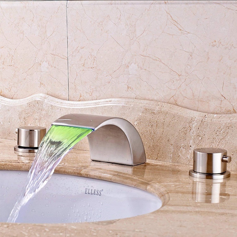 LED Color Changing Spout Waterfall Basin Faucet Widespread Dual Handle Bathroom Basin Sink Mixers Brass Hot Cold Vanity Sink Tap