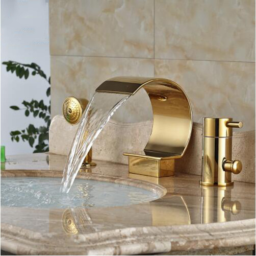 Luxury Gold Color 3 Pcs Chrome Polished Bathtub Bath Tub Waterfall Faucet with Handheld Shower