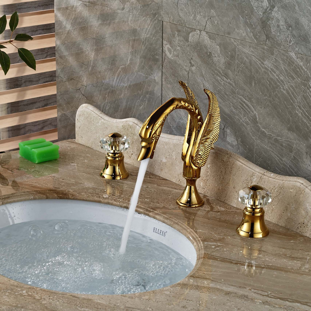 Wholesale And Retail Luxury Golden  Swan Basin Faucet Crystal Handles  Deck Mounted Widespread Vanity Sink Mixer Tap Tub Faucet